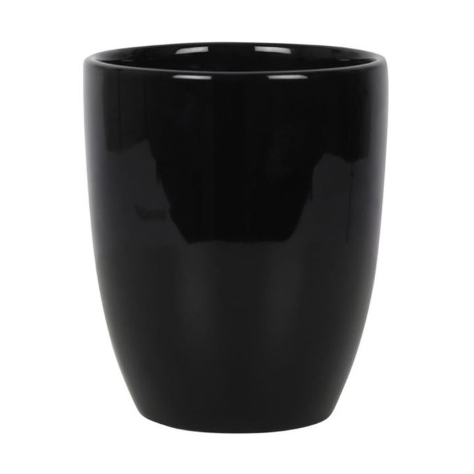 Schwarzer Blumentopf mit aufgedrucktem Grabstein mit dem Schriftzug 'RIP Plant'