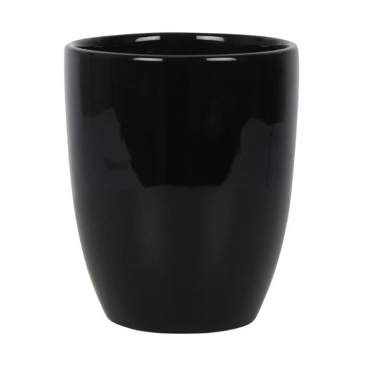 Schwarzer Blumentopf mit aufgedrucktem Grabstein mit dem Schriftzug 'RIP Plant'