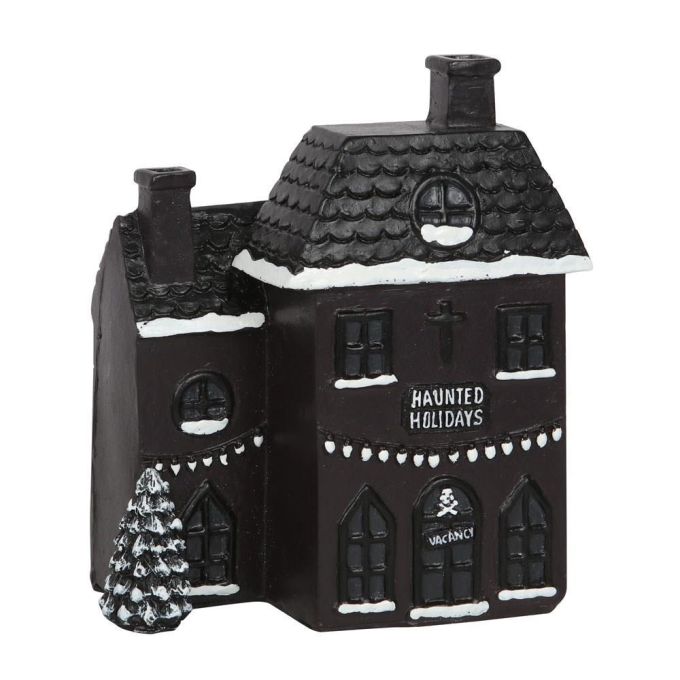 Sehr detailliert ausgearbeiteter, schwarzer  Räucherkegelhalter in Form eines Hauses mit Tür, Fenstern, zwei Schornsteinen und Schnee