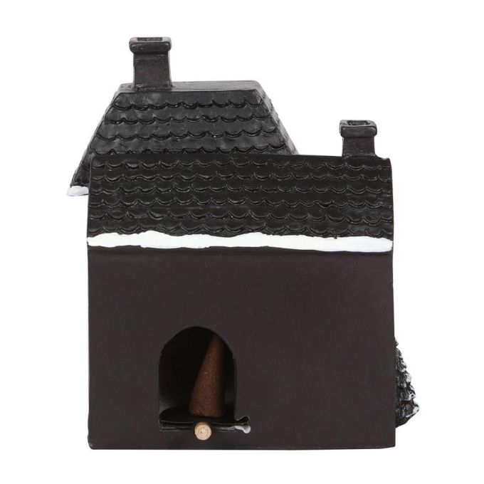 Sehr detailliert ausgearbeiteter, schwarzer  Räucherkegelhalter in Form eines Hauses mit Tür, Fenstern, zwei Schornsteinen und Schnee