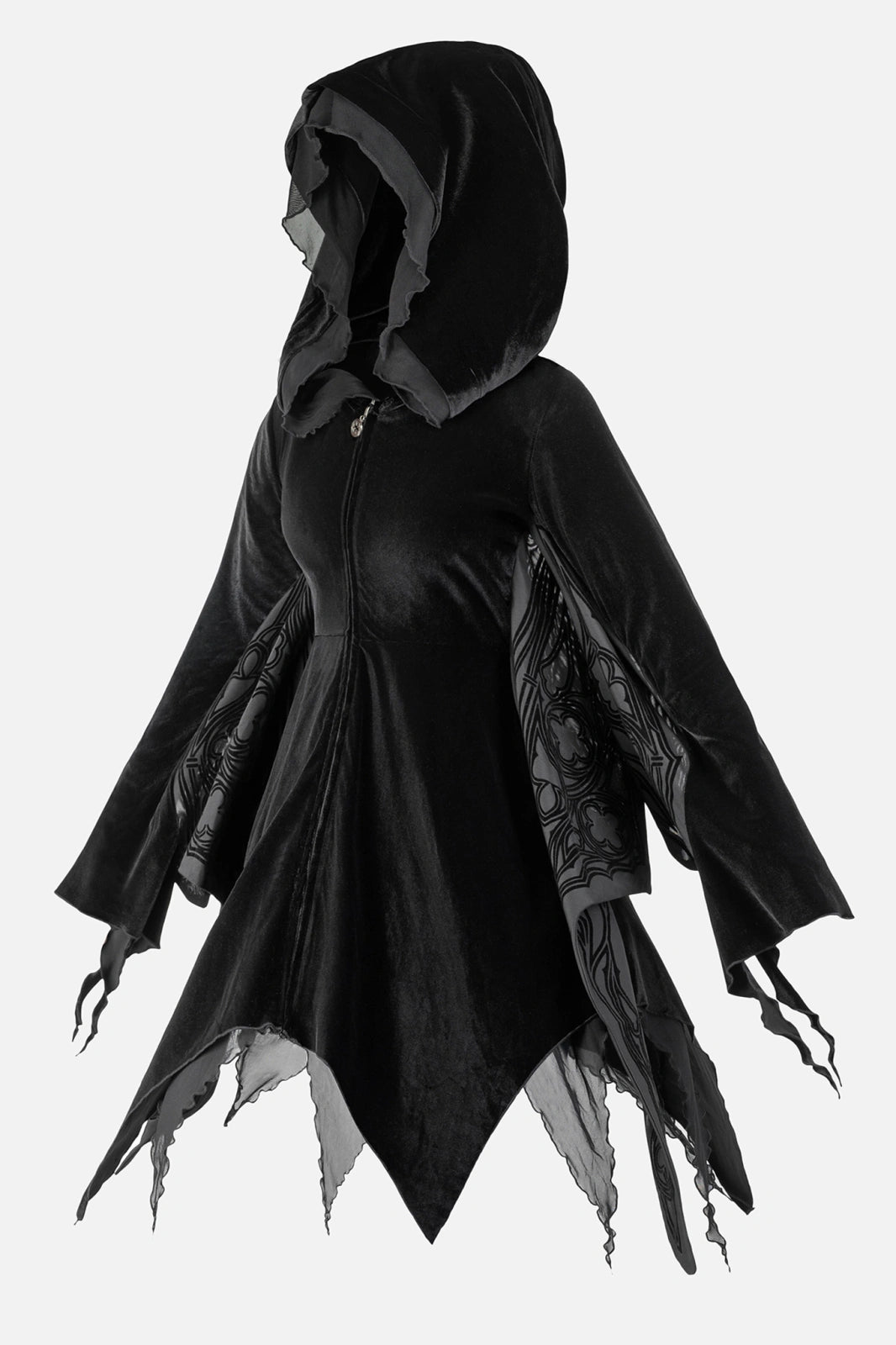 Schwarzer Mantel OBSIDIAN MOTH HOOD mit Mottenflügeln unter den Armen von Restyle
