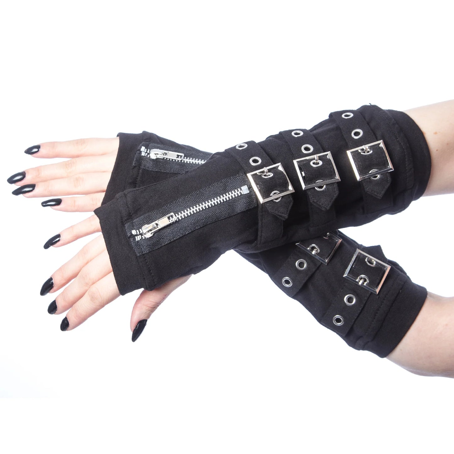 Schwarze Amstulpen OMEGA ARMWARMERS mit Schnallen und Spitzensaum von Poizen Industries