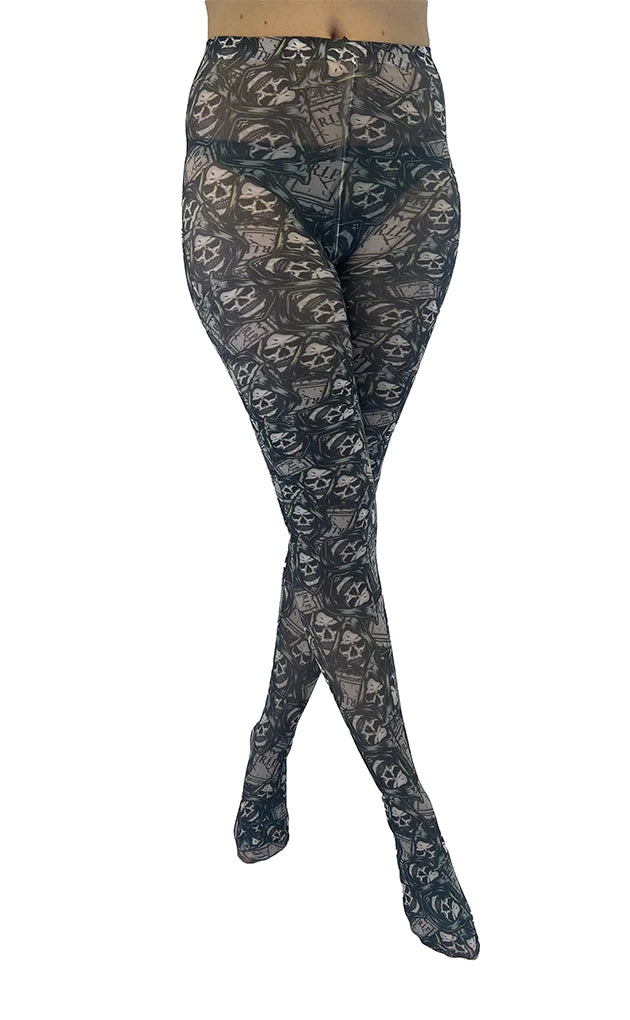 Schwarze Nylonstrumpfhose RIP Reaper Skull Tights mit Schädel- und Grabsteindruck von Pamela Mann