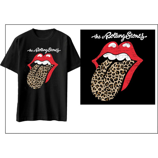 Lizensiertes The Rolling Stones Leopard Tongue Bandshirt mit Logoprint im Leopardenmuster