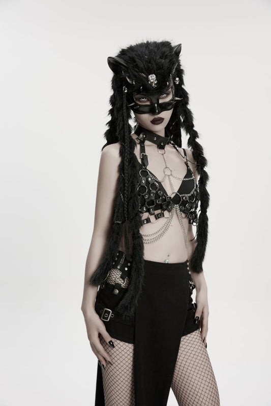 Schwarze Fuchsmaske Rogue Kitsune Mask Kunstfellelementen von Punk Rave