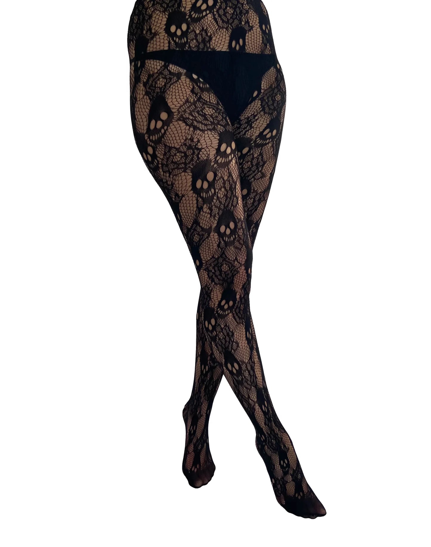 Schwarze Netzstrumpfhose Rose Skull Net Tights mit Totenkopf- und Blumenmuster von Pamela Mann