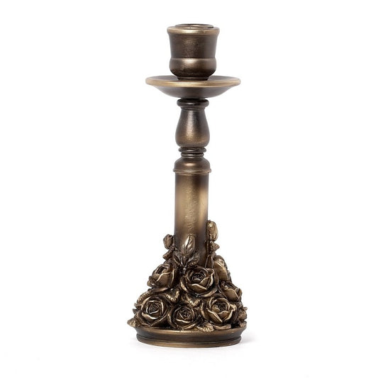 Kunstvoller Kerzenständer Rose Garden Candlestick aus Kunstharz mit antikem Gold-Finish und Rosendesign von Alchemy England
