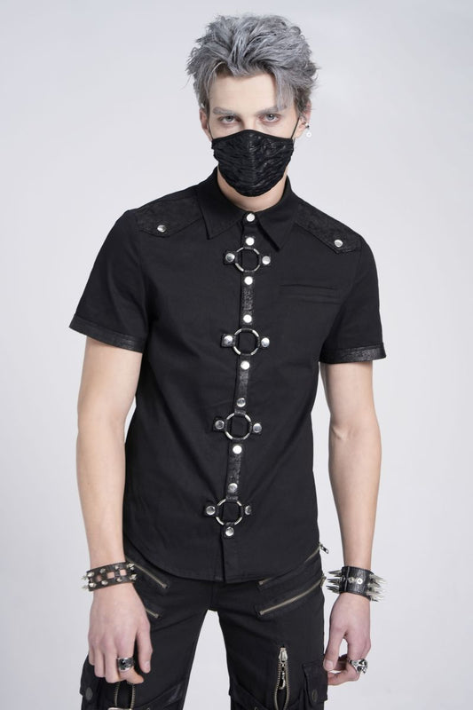 Schwarzes Dark-Punk-Kurzarmhemd Orkus Short Sleeve Shirt mit O-Ring-Details an der Knopfleiste von Devil Fashion