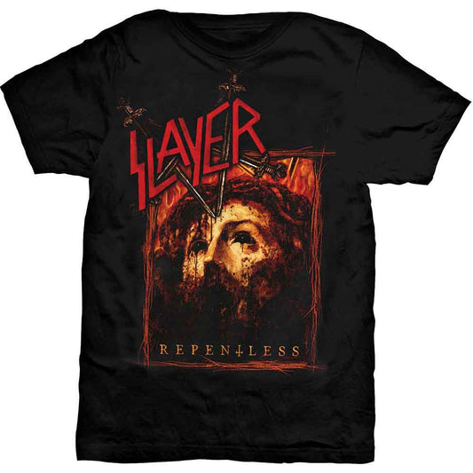 Lizensiertes Slayer Repentless Rectangle Bandshirt im orangefarbenden Design mit Jesusprint