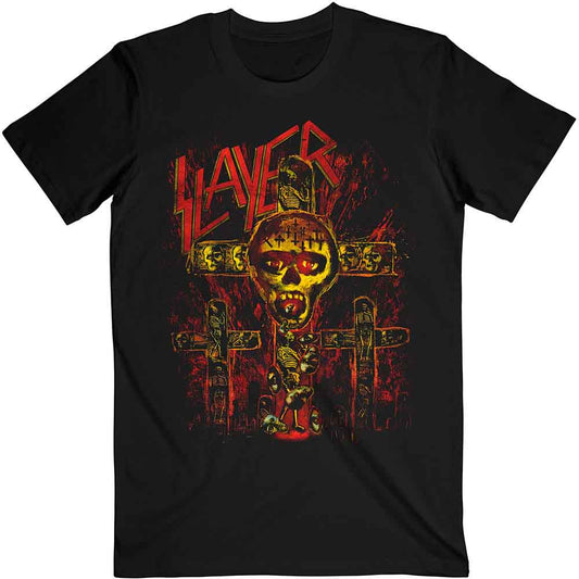 Lizensiertes Slayer SOS Crucifixion Bandshirt im rot-gelben Design mit Totenkopf und Kreuzen