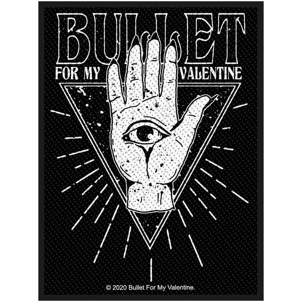 Rechteckiger, schwarz-weißer Aufnäher Bullet For My Valentine All Seing Eye Patch Nr.134 mit Hand- und Augenprint
