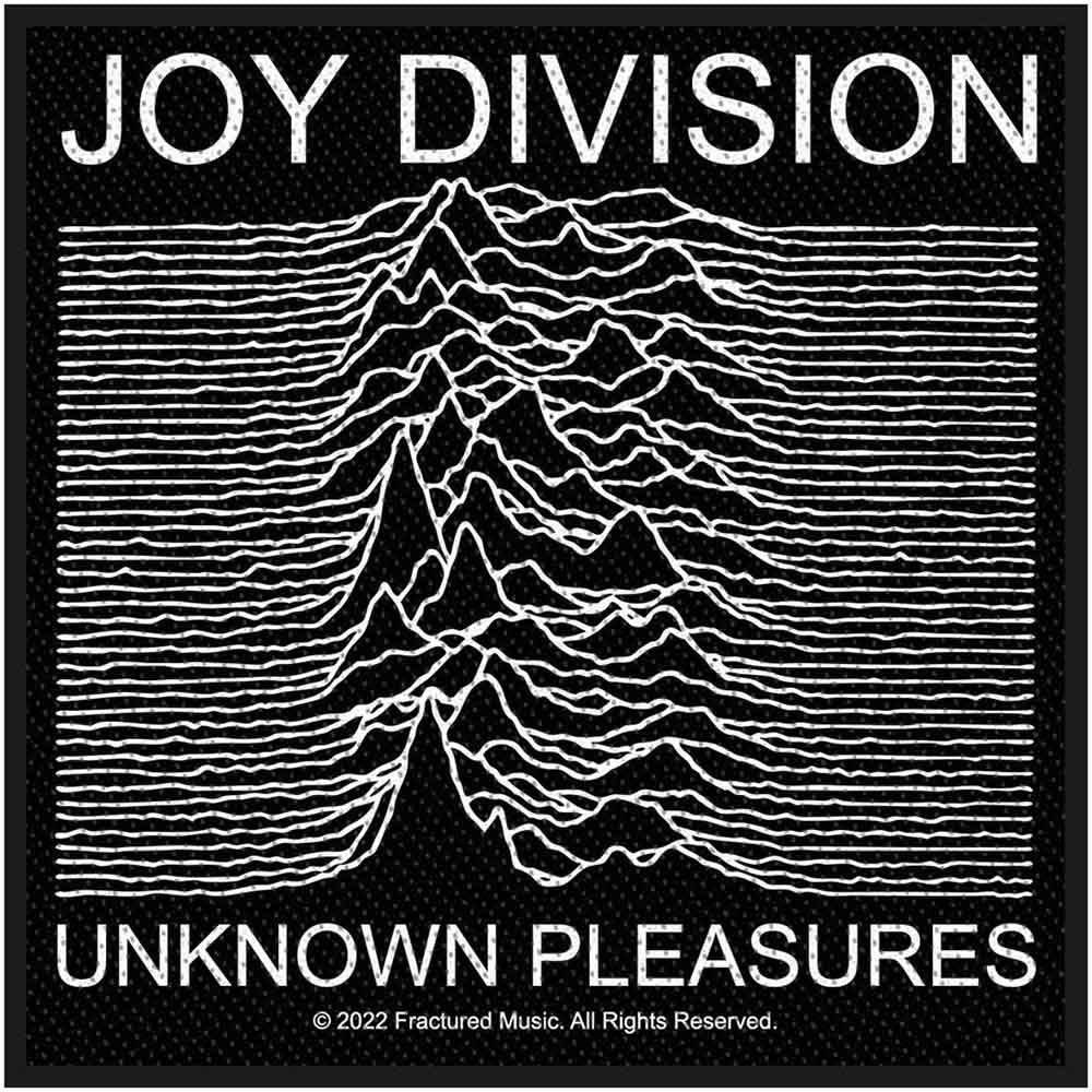 Quadratischer, schwarz-weißer Aufnäher Joy Division Unknown Pleasures Patch Nr.87 mit klassischem Albumcoverprint