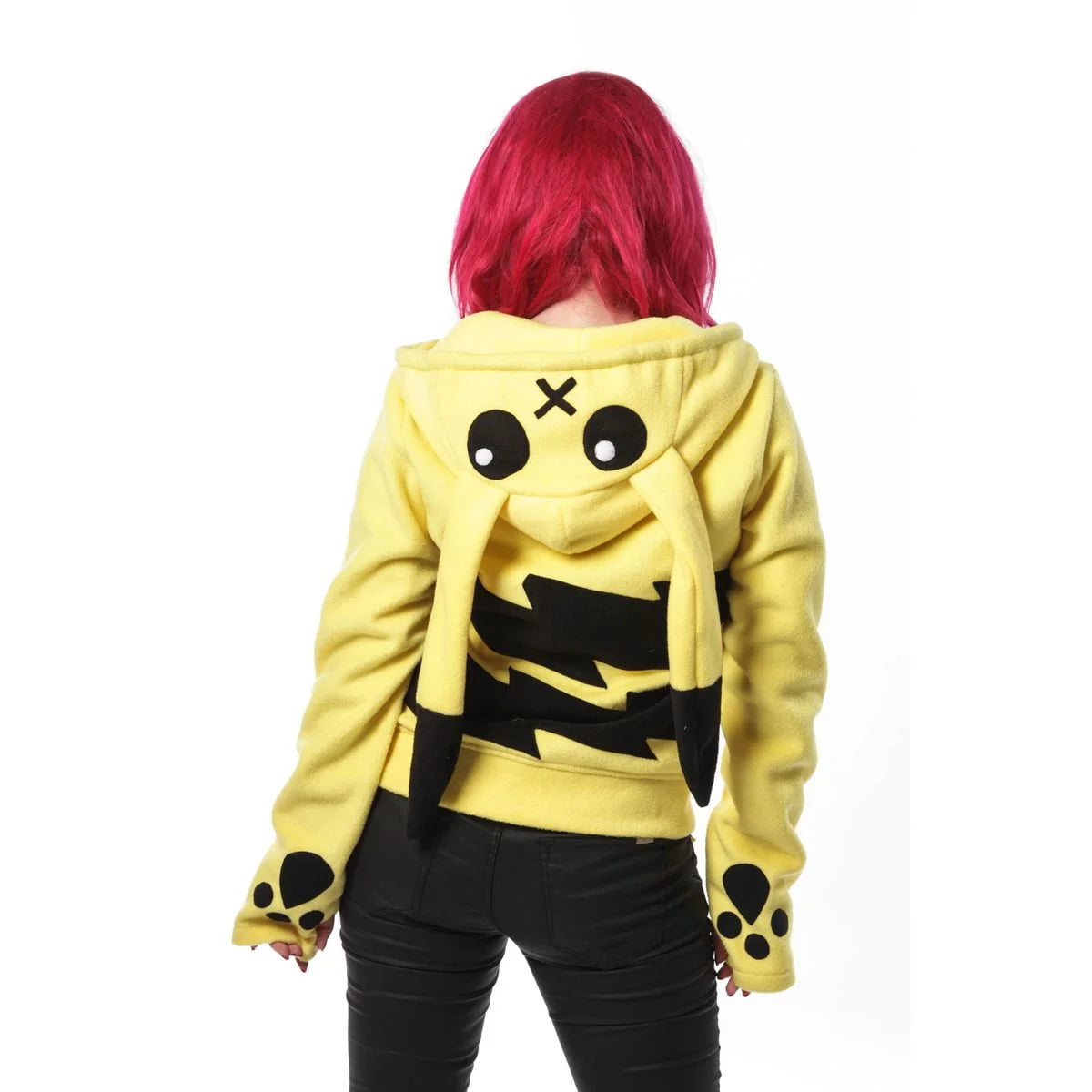 Gelbe Sweatshirtjacke STRIKER HOOD mit schwarzen Streifen und Augen auf der Kapuze von Cupcake Cult