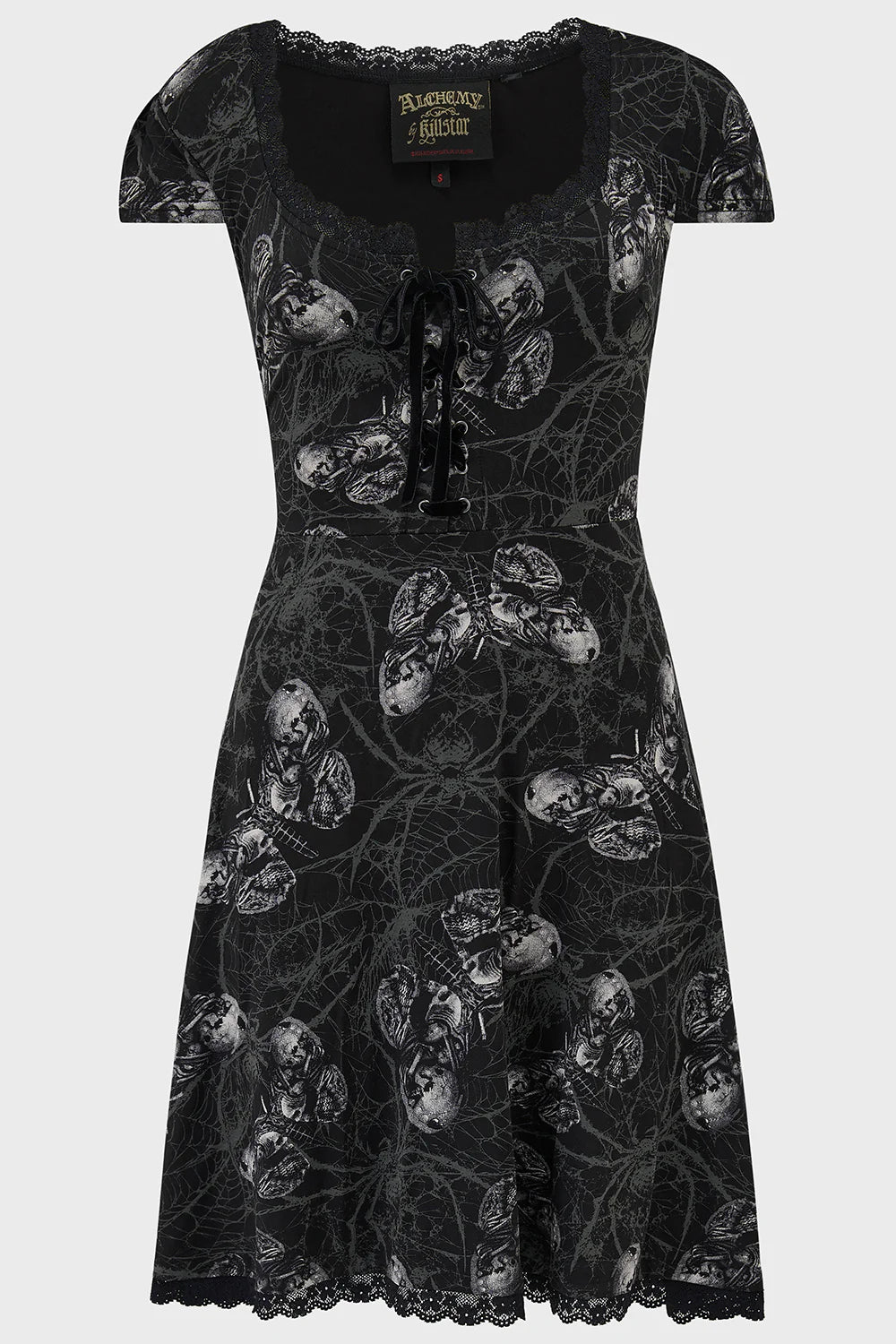 Schwarzes, kurzes Kleid Spidrasica's Web Mini Dress mit Motten und Spinnen Print von Killstar