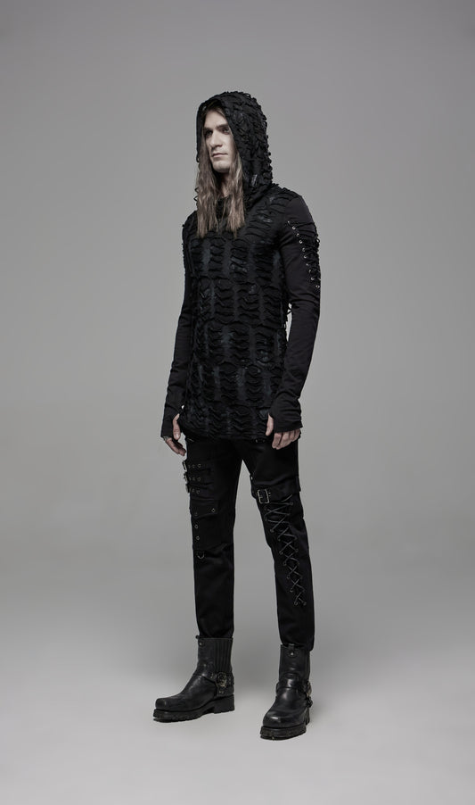 Postapokalyptisches und Industrial-Gothic-Langarmshirt DESTRUCTION UNIT TOP mit übergroßer Kapuze von Punk Rave