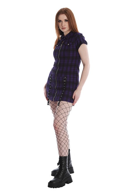 Lilanes Kleid TARTAN NIGHT ZIP DRESS Purple mit Reißverschluss an der Vorderseite von Banned
