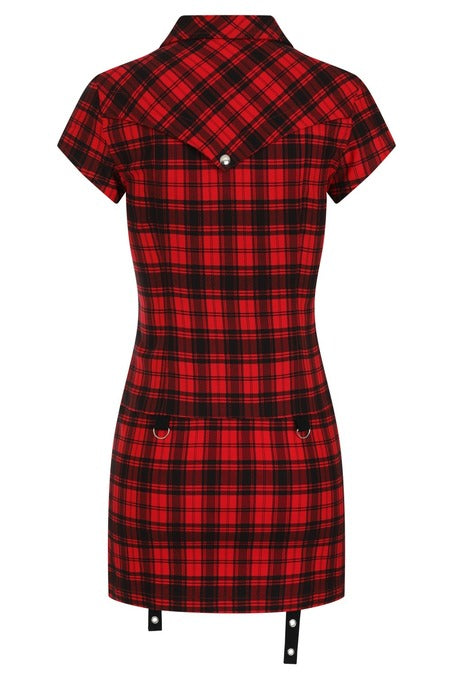 Rotes Kleid TARTAN NIGHT ZIP DRESS Red mit Reißverschluss an der Vorderseite von Banned