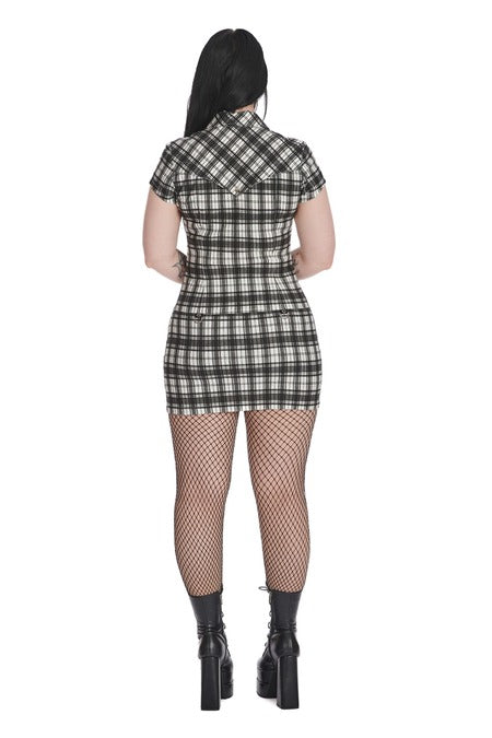 Weißes Kleid TARTAN NIGHT ZIP DRESS White mit Reißverschluss an der Vorderseite von Banned