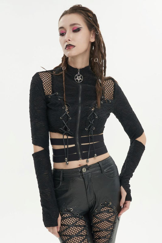 Schwarzes Shirt Dark Dancer Top mit Schnürung und Netzelementen von Devil Fashion