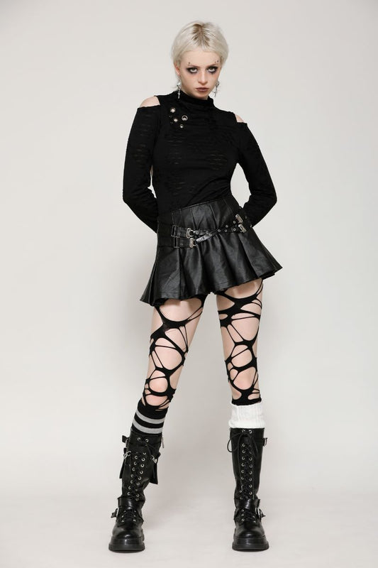 Schwarzes Langarmshirt REBEL TEARS TOP im Distressed-Look mit Schulterausschnitten, Ösendetails an der Vorderseite und Ausschnitte am Rücken von Dark In Love