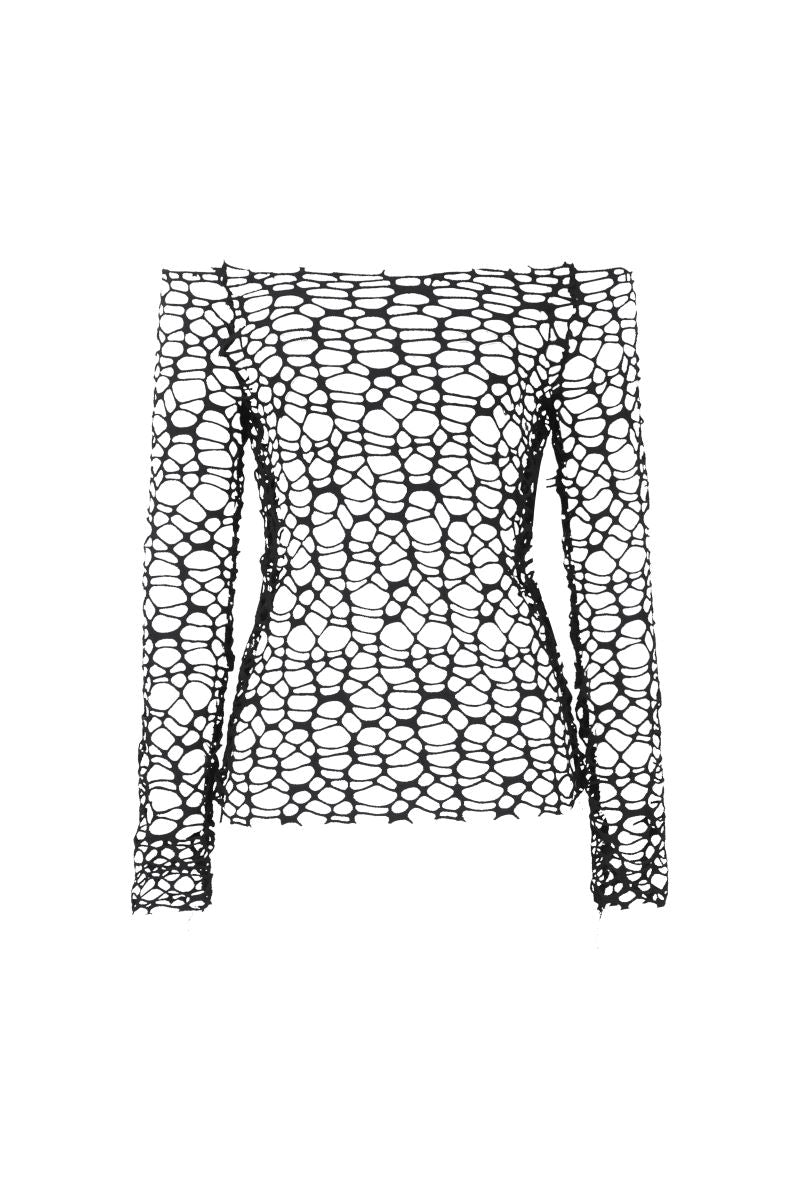 Schwarzes Meshshirt CHAOS STITCH TOP mit großen, ungleichmäßigen Maschen von Dark In Love