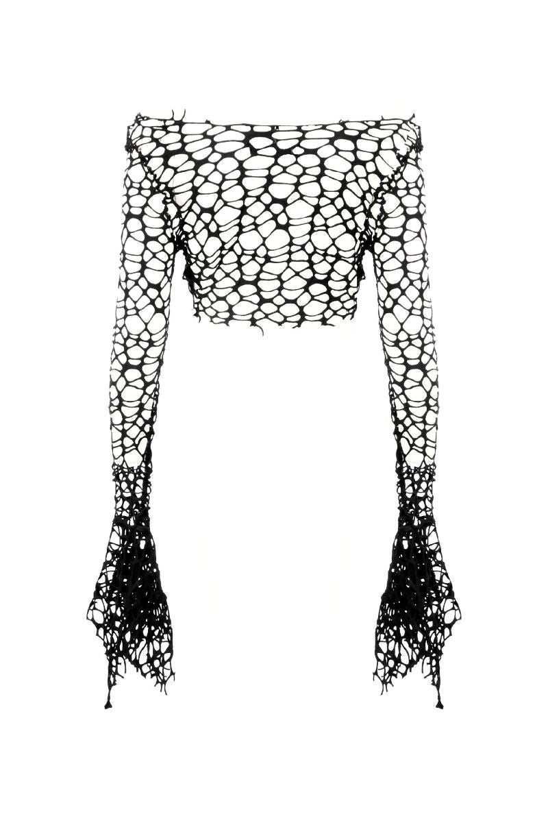 Schwarzes Shirt Chasm Mesh top mit grobem Meshstoff von Dark In Love