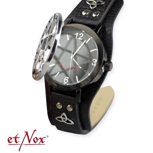 Schwarze Armbanduhr Pentacle Time mit aufklappbarem Deckel von etNox
