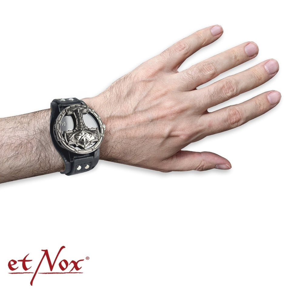 Schwarze Armbanduhr Thors Hammer mit aufklappbarem Deckel von etNox