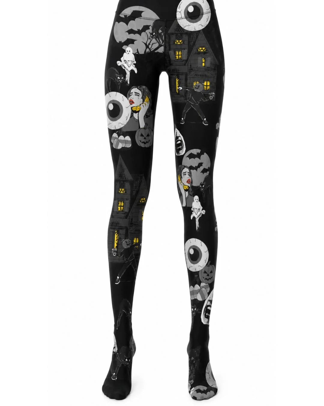 Schwarze Strumpfhose Cartoon Chaos Mono Printed Tights mit gruseligem Allover-Print von Pamela Mann