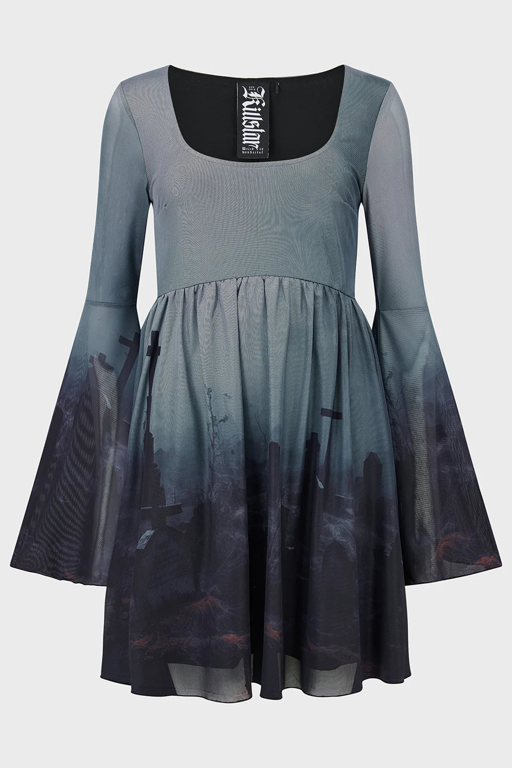 Graues, kurzes Kleid WITHERING FIELDS DRESS mit Friedhofprint von Killstar