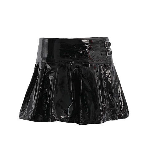 Schwarzer PVC Lack Buckle Mini Skirt in Lackoptik mit Schnallen an der Seite