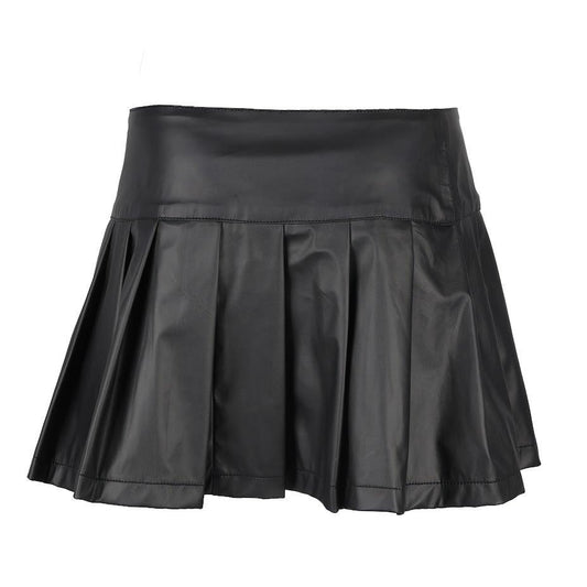 Rückseite schwarzer Kunstlederrock Buckle Mini Skirt Wetlook mit Schnallen von Azzazzins
