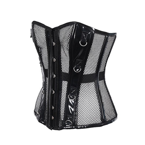 Schwarze, glänzende Corsage Ring Corset Net/PVC mit Netzeinsätzen von Azzazzinz