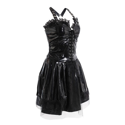 Schwarzer PVC Lack Dress in Lackoptik mit Schnürung an der Vorderseite