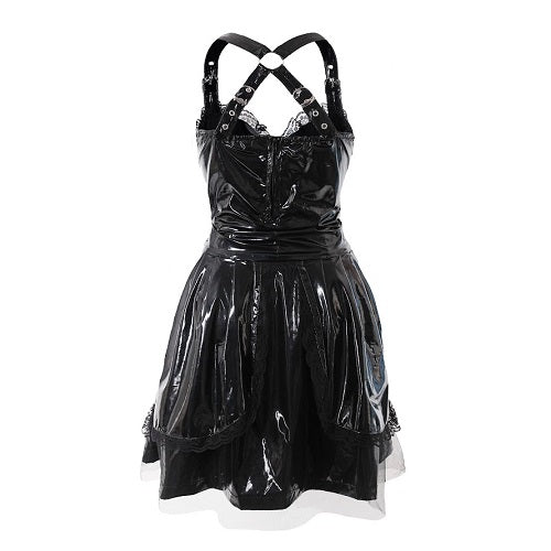 Schwarzer PVC Lack Dress in Lackoptik mit Schnürung an der Vorderseite