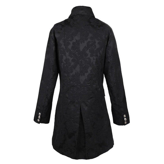 Rückseite schwarzer Brokatmantel Admiral Coat Brocade mit großen, silberfarbenen Knöpfen von Azzazzinz
