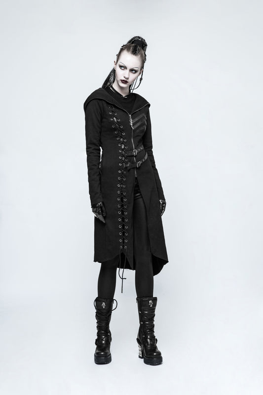 Schwarzer Damenmantel RESIDENT EVIL COAT im Industrial- und postapokalyptischen Gothic-Stil von Punk Rave