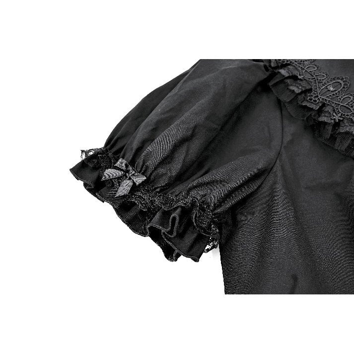 Schwarze, kurzärmlige Bluse Night Crown Doll Blouse mit Spitzenelementen und Puffärmeln von Dark In Love