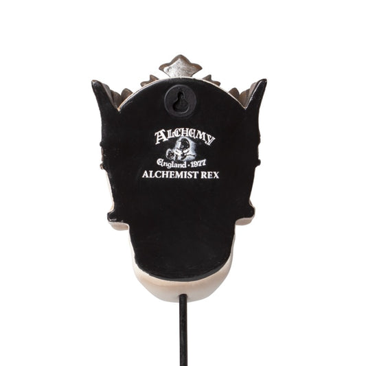 Kunstvoll gestalteter Dekoständer Alchemist Rex Masque aus Kunstharz in Form eines Schädels mit detailreicher Krone von Alchemy England