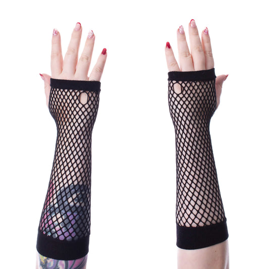 Schwarze, lange BLACK ANDAR MESH GLOVES im Fischnetzdesign von Poizen Industries