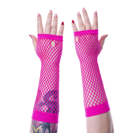 Pinke, lange PINK ANDAR MESH GLOVES im Fischnetzdesign von Poizen Industries