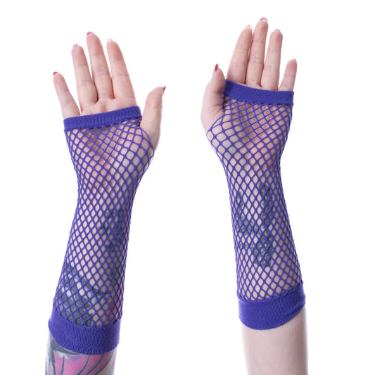 Lilafarbende, lange PURPLE ANDAR MESH GLOVES im Fischnetzdesign mit Daumenlöchern von Poizen Industries