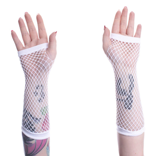 Weiße, lange WHITE ANDAR MESH GLOVES im Fischnetzdesign mit Daumenlöchern von Poizen Industries