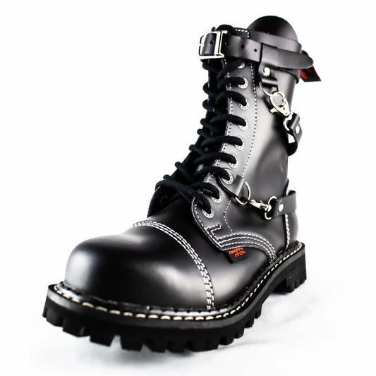 Schwarzer 10-Loch-Stiefel aus Leder mit drei Riemen um den Schuh