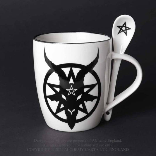 Weiße Tasse Baphomet Mug mit schwarzem Baphomet- und Pentagramprint, sowie Löffel im Henkel von Alchemy