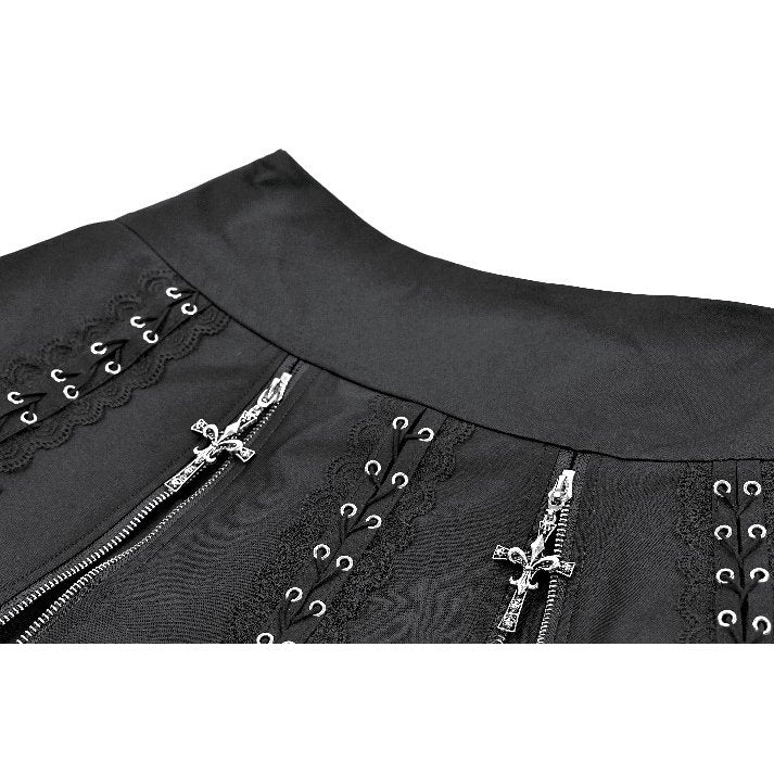Schwarzer Mini-Rock Sacred Blade Requiem Skirt mit Reißverschlüssen, Kreuzanhängern und Spitzendetails von Dark In Love