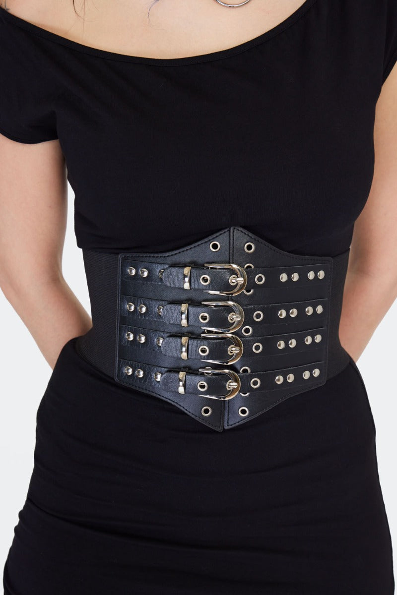 Schwarzer Taillengürtel Studded Multi Buckle Corset Belt mit Schnallen und Nieten an der Vorderseite von Jawbreaker