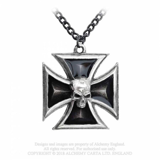 Black Knight's Cross Kette von Alchemy in Form eines eisernen Kreuzes mit einem Totenkopf in der Mitte und durchscheinender schwarzer Emaillefüllung