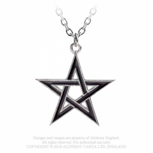 Black Star Kette von Alchemy mit mittelgroßem, schwarz emailliertem Pentagramm-Anhänger aus Zinn