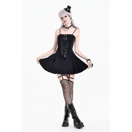 Schwarzes, kurzes Kleid Chilled Cord Key Dress mit Schnürung vorn und großen Zierschnallen von Dark In Love